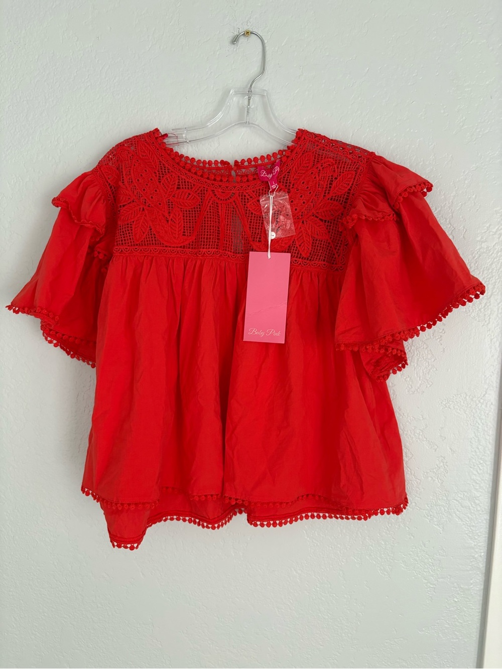 ❤️ Elegant orange Crochet Yoke Flutter Sleeve Top -